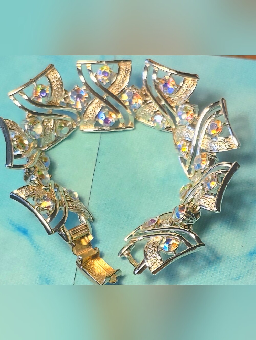 Vintage Coro Silver-Tone AB Crystal Link Bracelet - Iridescent Stones